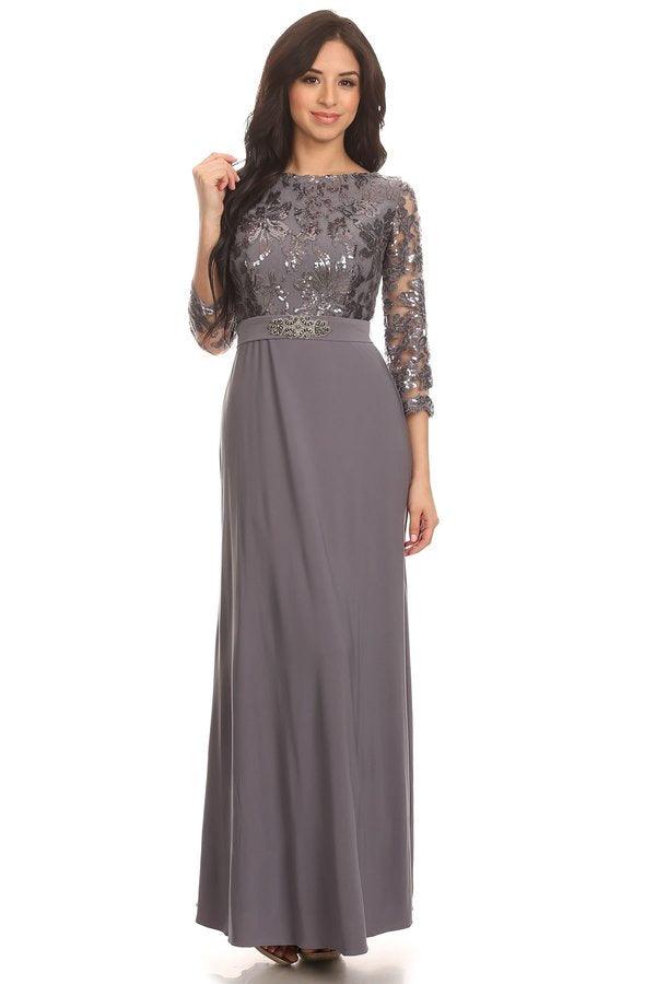 Long black sequin mother of bride formal evening gown with 3/4 sleeves and ITY skirt