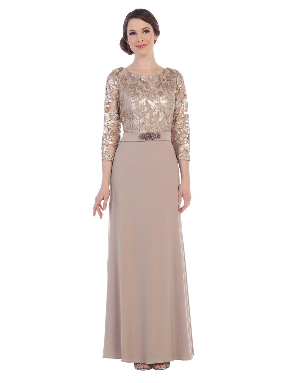 Long sequin and ITY full-length mother of bride evening gown with elegant 3/4 sleeves
