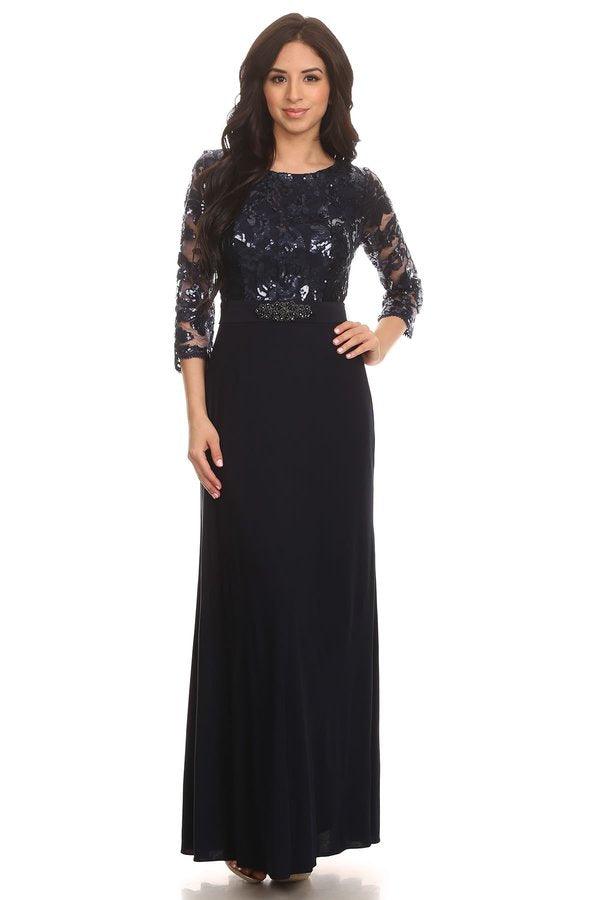 Long black sequin mother of the bride gown with 3/4 sleeves and full-length ITY skirt