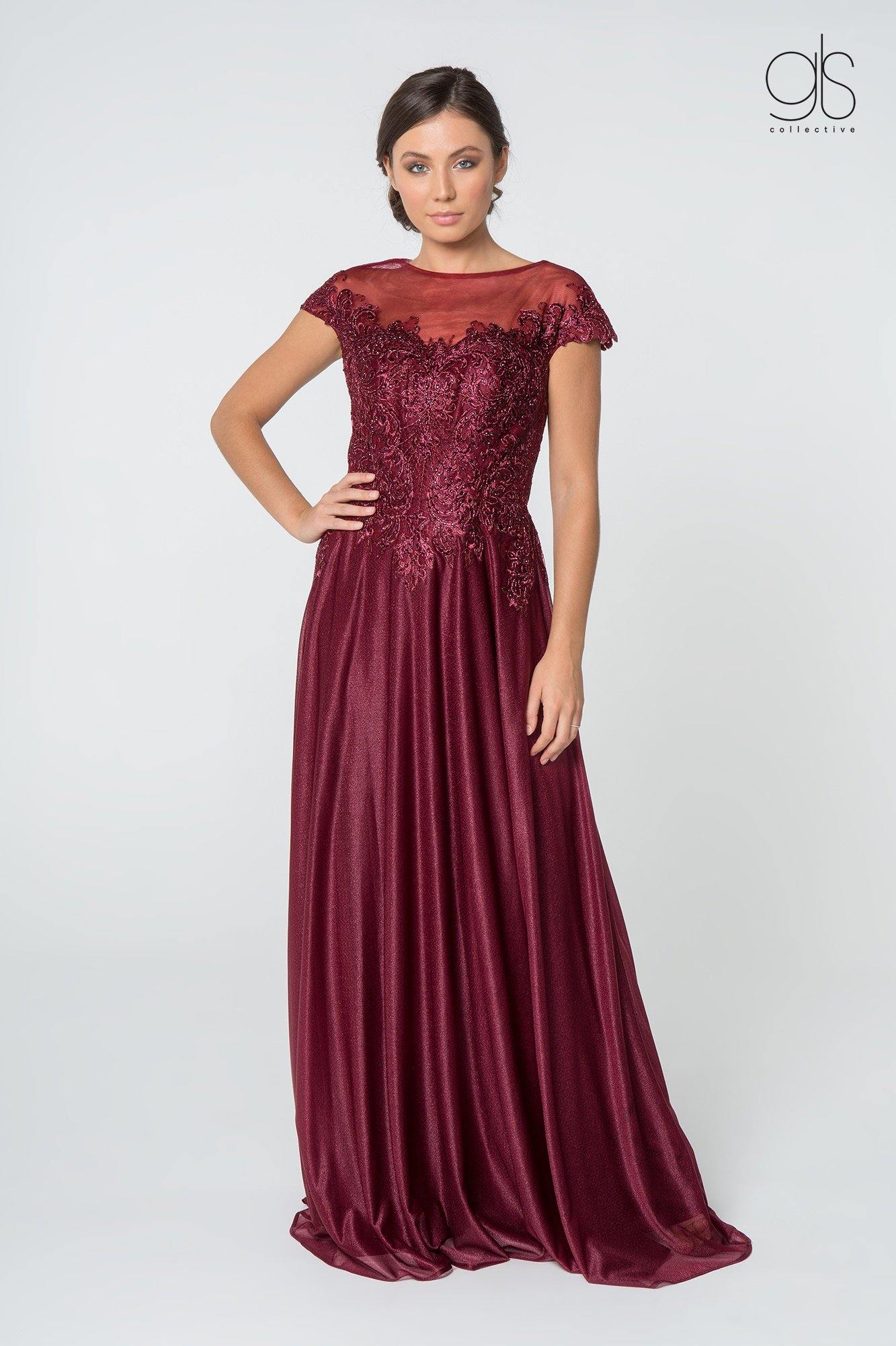Long dusty rose lace chiffon mother of the bride dress with cap sleeves and embellished fitted bodice
