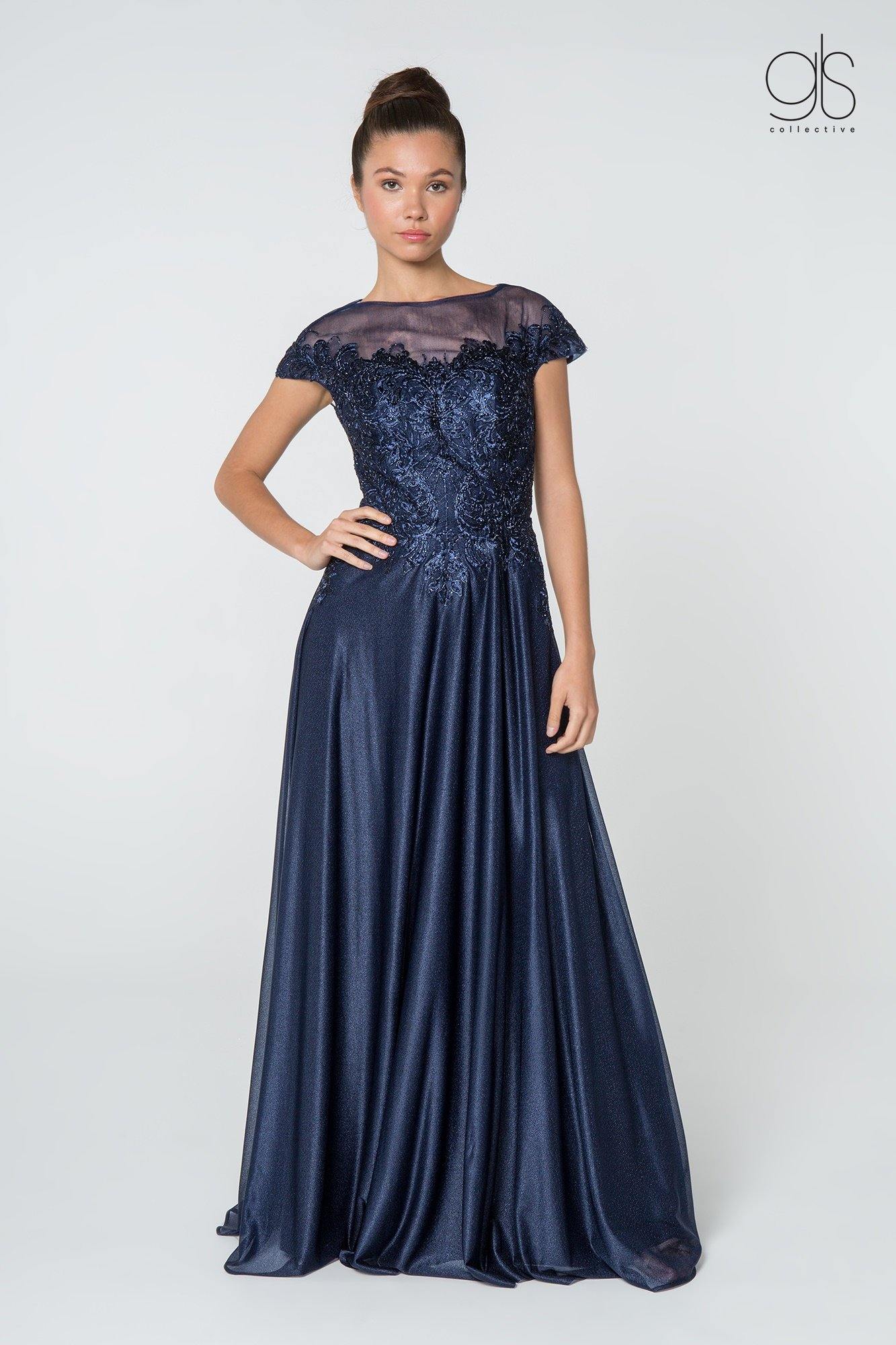 Long lace chiffon mother of the bride dress with cap sleeves, boat neckline, and embellished fitted bodice