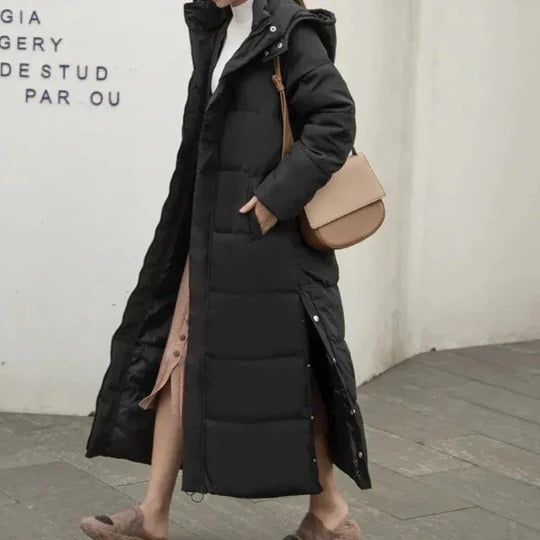 Women's long quilted hooded parka coat, insulated horizontal panel stitching, lightweight cold-weather fit