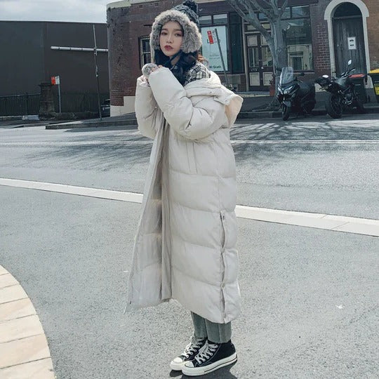 Long black quilted winter coat full-length unisex insulated design for cold-weather protection