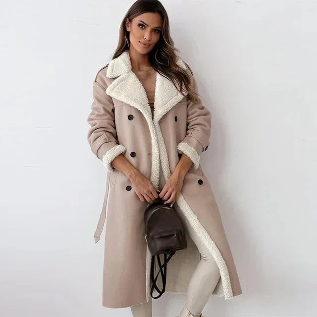 Women's long brown shearling PU leather coat, relaxed fit, double-breasted with wide plush lapels