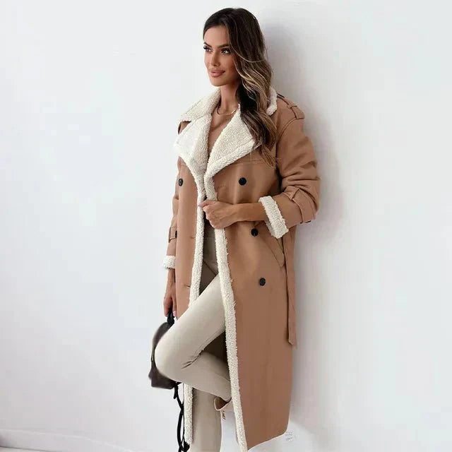 Women's long black shearling PU leather coat, relaxed fit, double-breasted with wide plush lapels