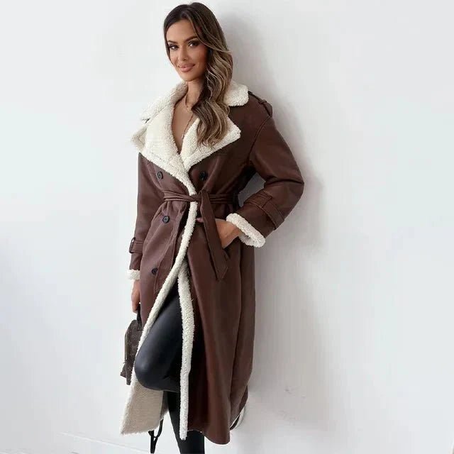 Women's long brown shearling PU leather coat relaxed fit double-breasted wide lapels luxe silhouette