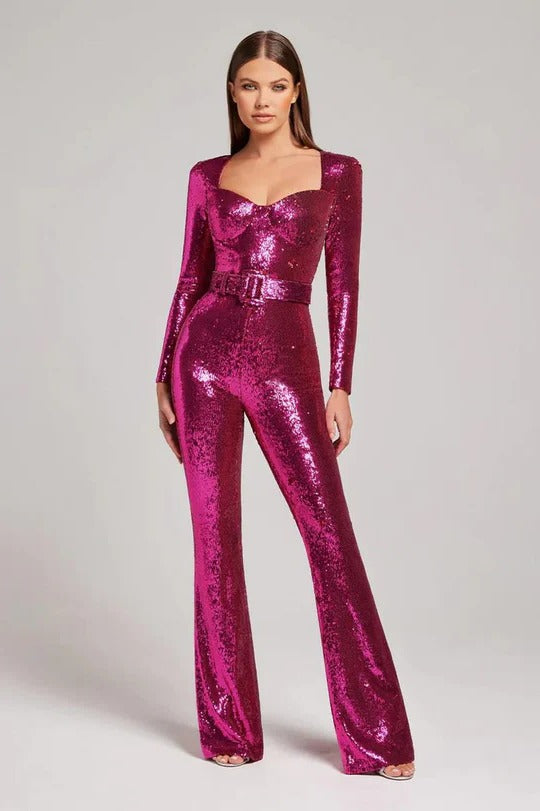 Silver long-sleeve sequin jumpsuit women shimmering full-body glam evening formal one-piece