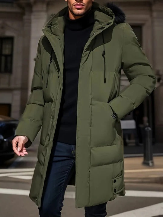 Men's long black puffer coat with hood, zip closure, slim fit for winter layering