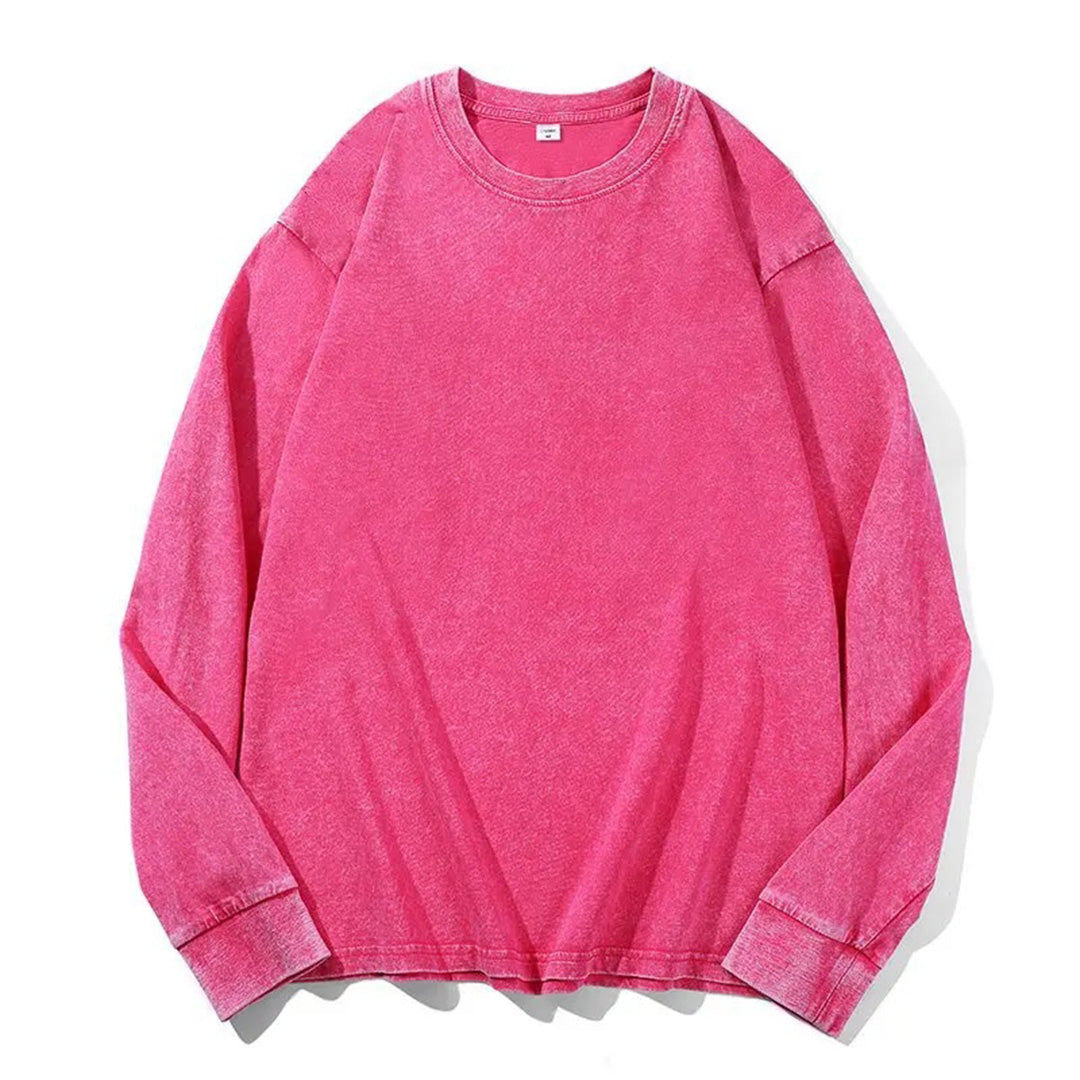 Acid washed long sleeve cotton T-shirt easy fit round collar bold vintage style