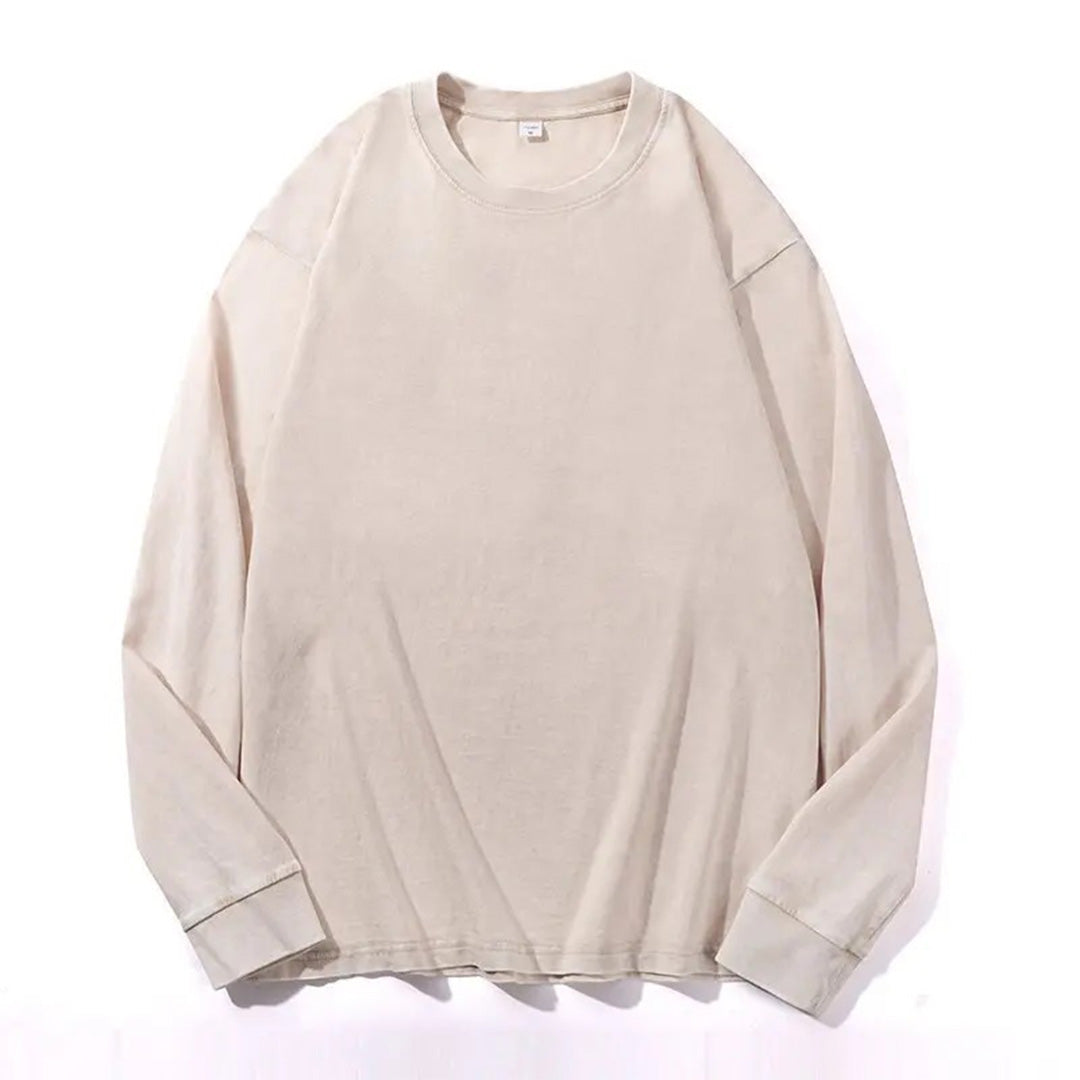 Acid washed long sleeve cotton T-shirt relaxed fit with bold round collar vintage finish