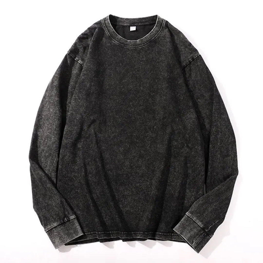 Acid washed long sleeve cotton T-shirt relaxed fit round collar bold vintage-inspired design