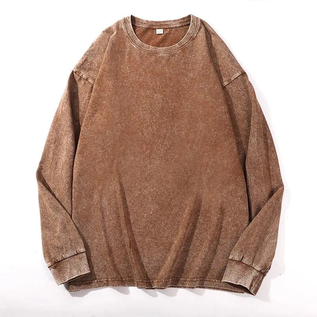Acid washed long sleeve cotton T-shirt relaxed fit round collar bold vintage-inspired finish