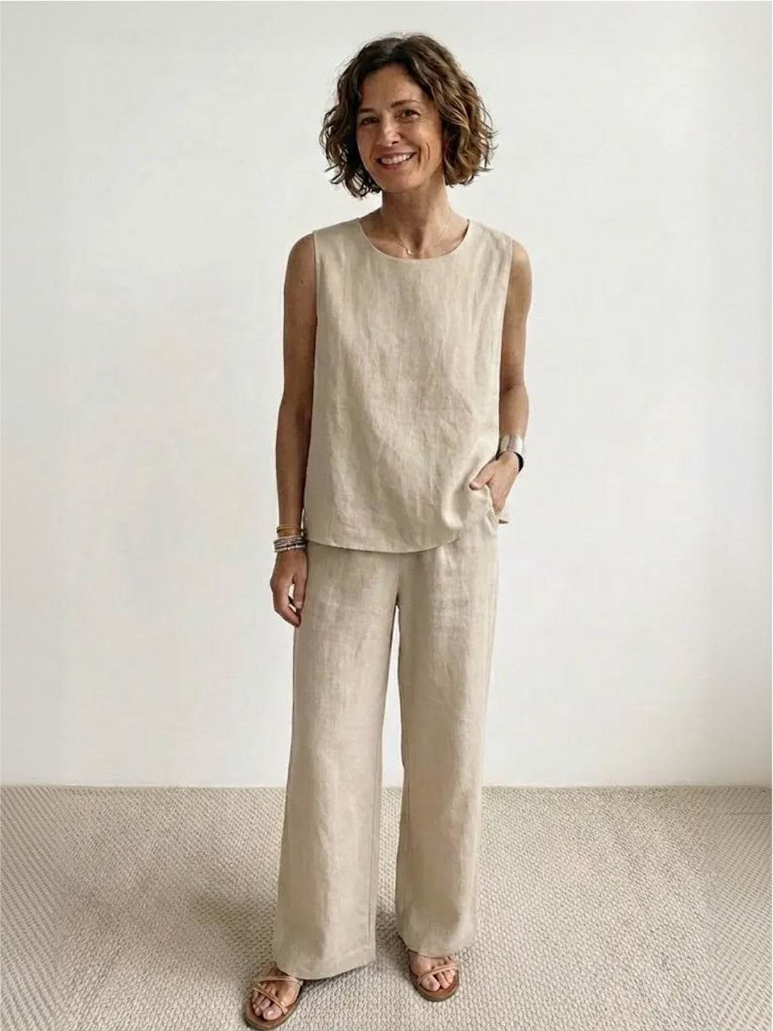 Olive green sleeveless tank and wide-leg pants matching two-piece set, tonal minimalist style