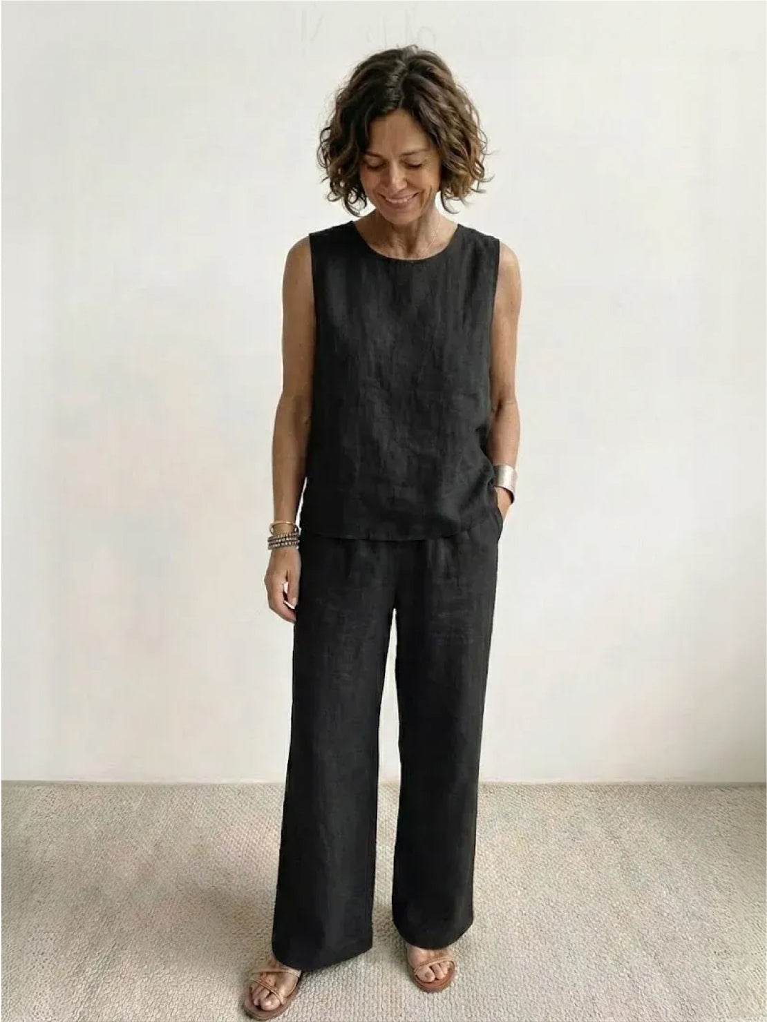 Olive green sleeveless tank and wide-leg pants matching set, relaxed tonal two-piece for women