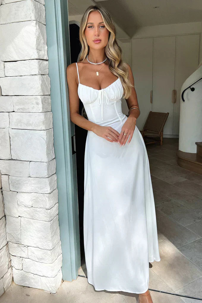 Valentina ivory spaghetti strap wrap maxi dress with flowing silhouette for wedding guests