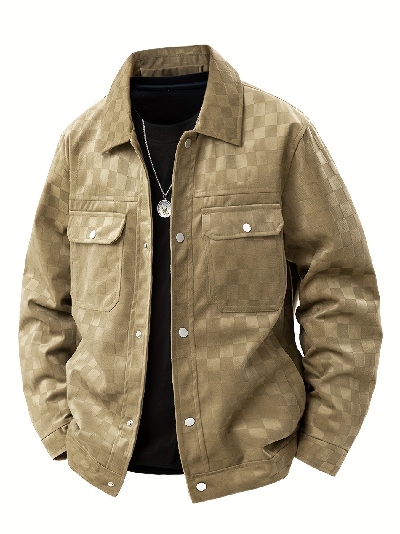 Men's relaxed fit trucker jacket in checkered pattern, casual everyday outerwear with textured design