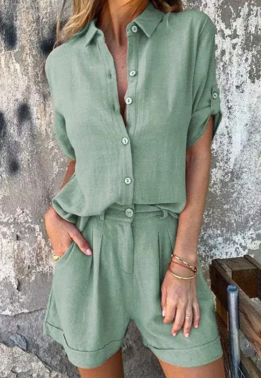 Lightweight matching shorts and top set in relaxed flowing silhouette, perfect breathable two-piece summer style