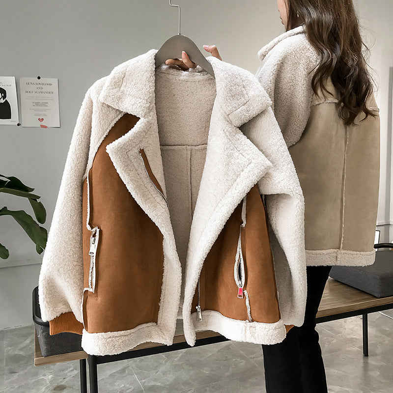 Women's oversized faux shearling jacket suede finish zipper closure warm stylish outerwear