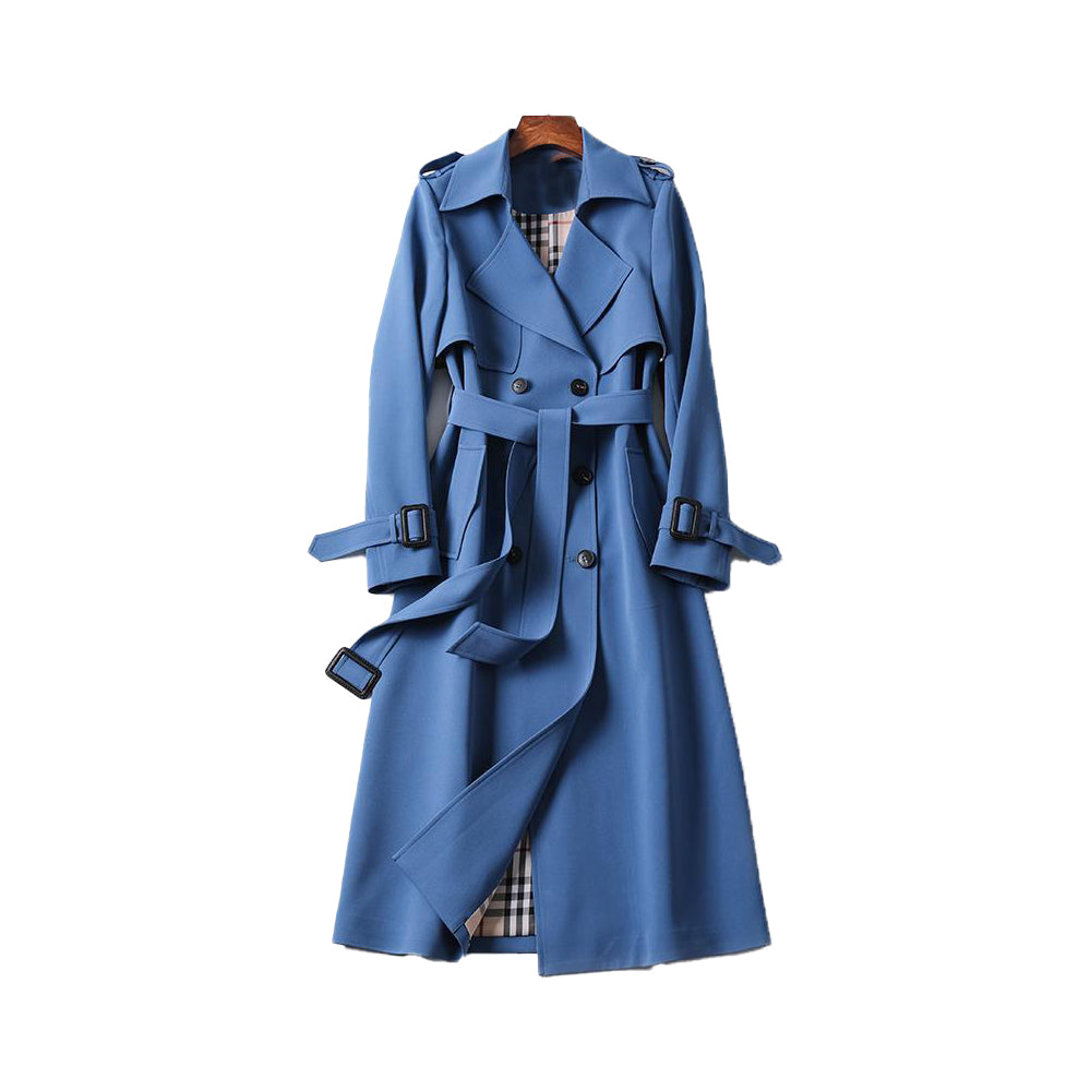 Women's double-breasted belted trench coat mid-calf length classic silhouette timeless chic style