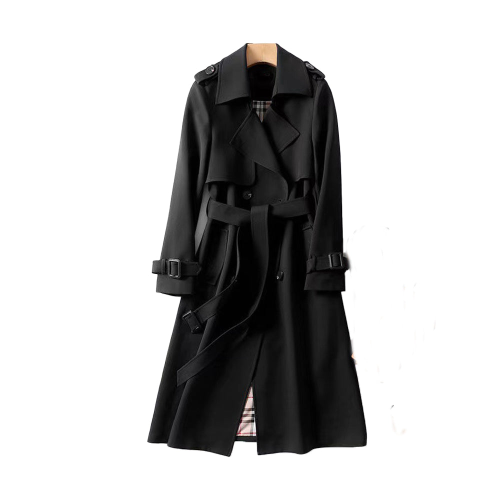 Women's double-breasted belted trench coat mid-calf length classic silhouette timeless chic style