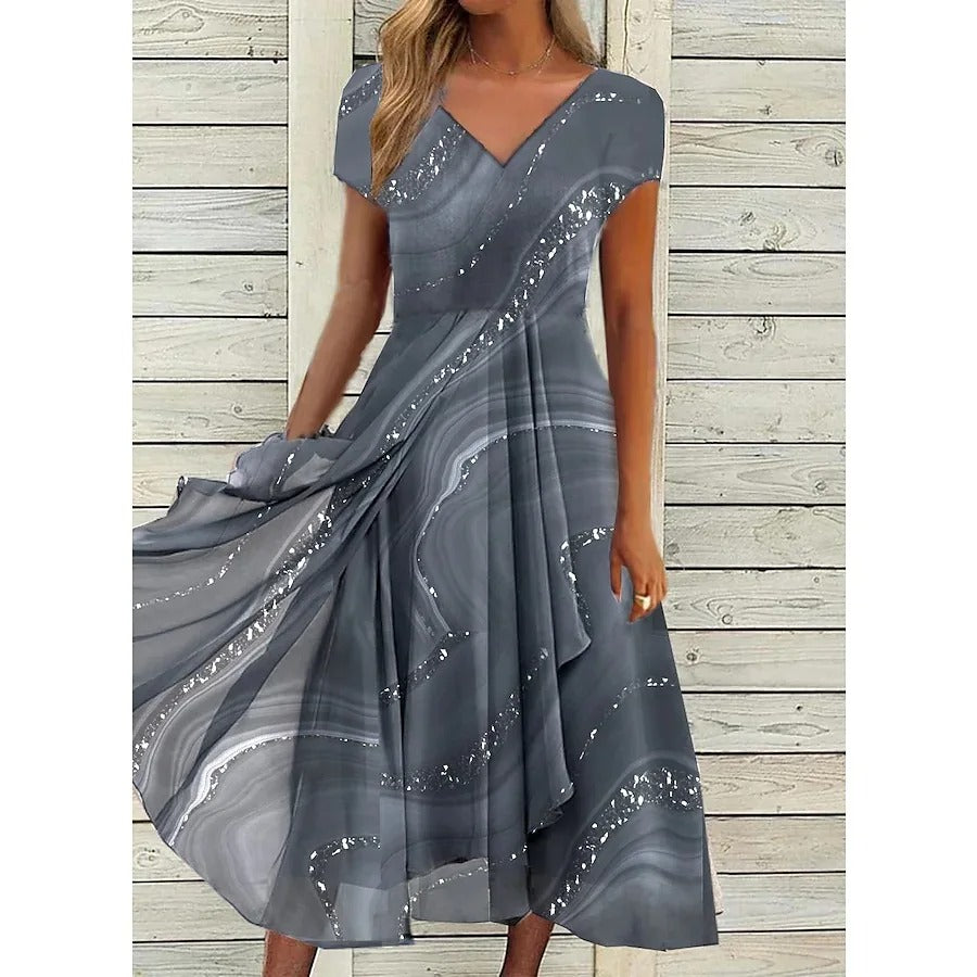Elegant black v-neck midi dress with flowing silhouette and flattering refined V-cut neckline