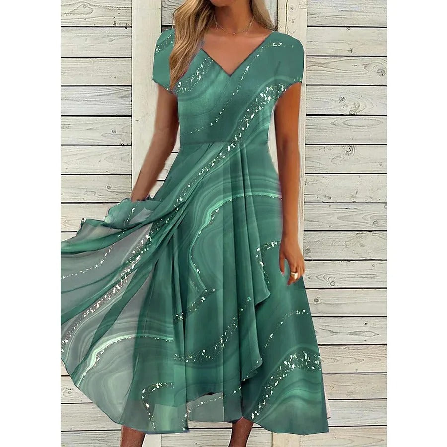 Elegant black v-neck midi dress with flowing silhouette and flattering refined V-cut neckline