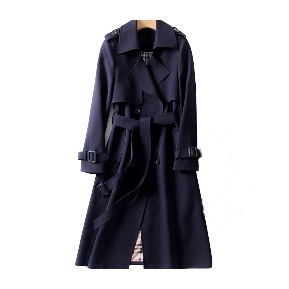 Women's beige structured cotton blend trench coat with double-breasted front and belted waist