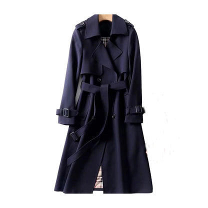 Women's beige structured cotton blend trench coat with double-breasted front and belted waist