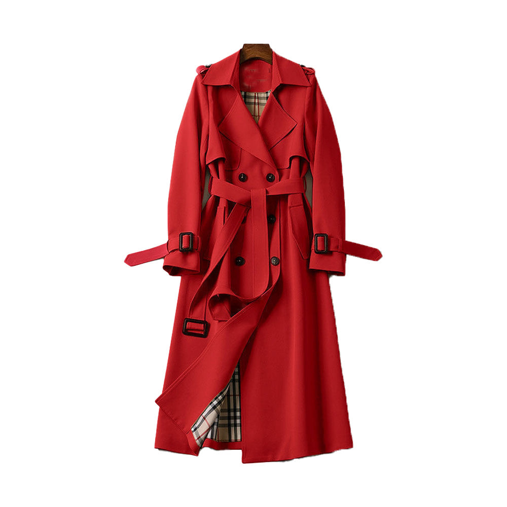 Women's beige structured cotton blend trench coat double-breasted belted waist polished silhouette