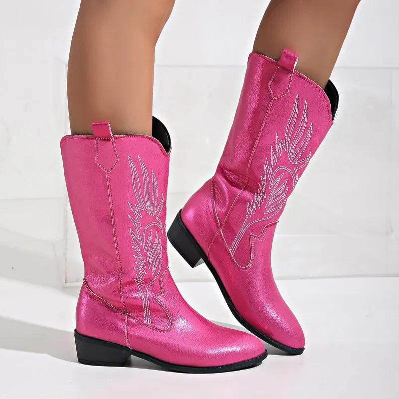 Women's pointed toe western boots with metallic finish, modern silhouette in bold contemporary style