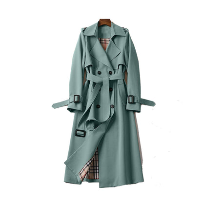 Women's beige structured cotton blend double-breasted trench coat with belted waist polished silhouette