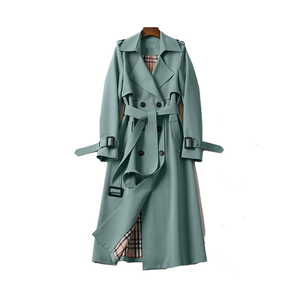 Women's classic double-breasted belted trench coat in neutral tone with flattering waist silhouette