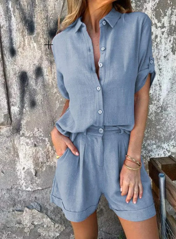 Lightweight matching shorts and top set in relaxed flowing silhouette, perfect breathable two-piece summer style