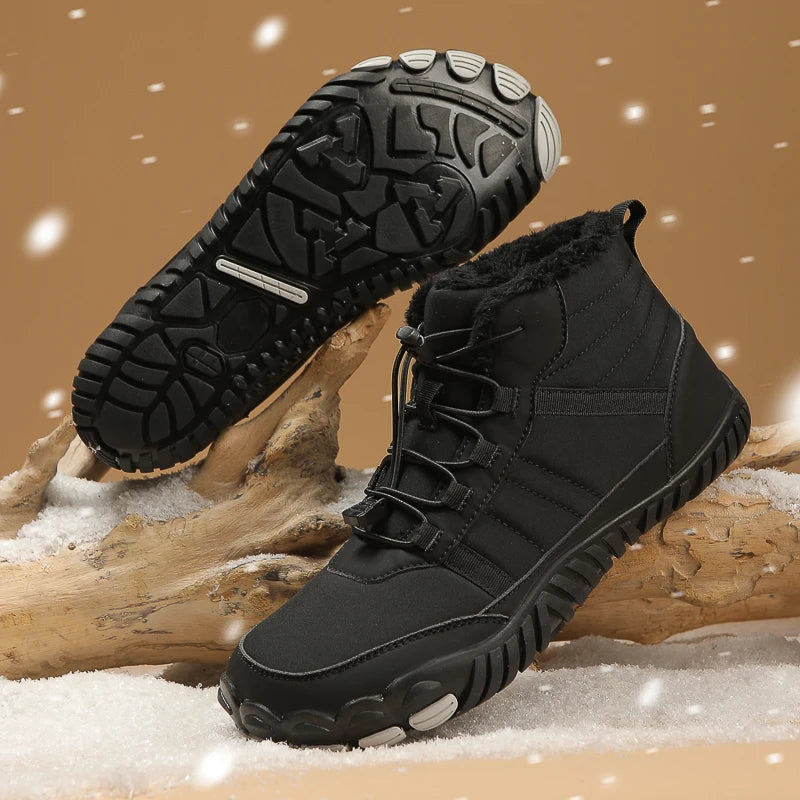 Dark high-top barefoot boots with wide toe box, sturdy outdoor silhouette for cold-weather adventures