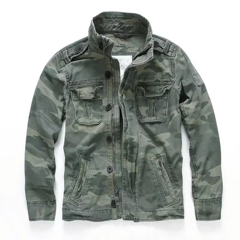 Men's M65 denim cargo jacket rugged field coat with multiple utility pockets outdoor style