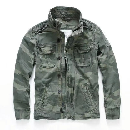 Men's M65 denim cargo jacket rugged field coat with multiple utility pockets outdoor style