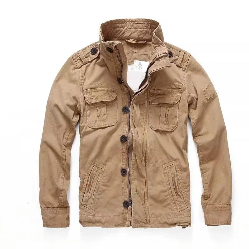 Men's M65 denim cargo jacket rugged military field coat with multiple utility pockets
