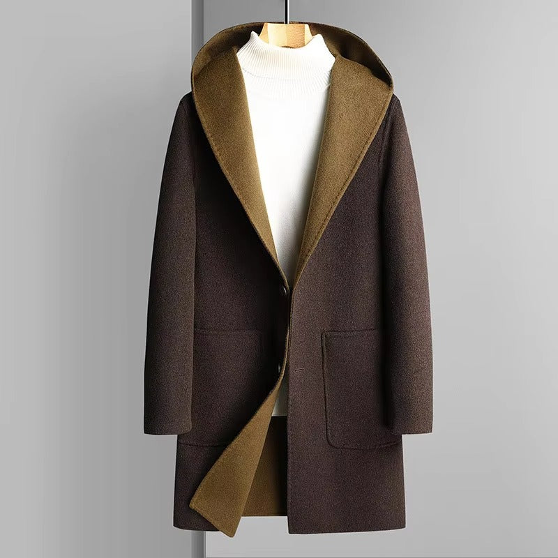 Men's reversible wool blend hooded trench coat versatile two-tone winter outerwear