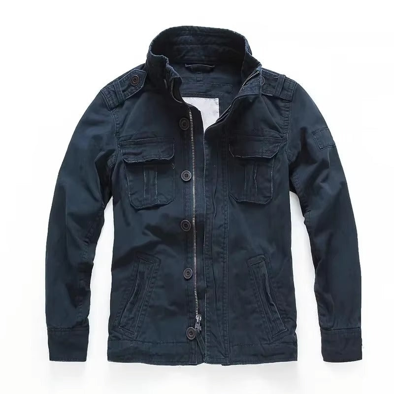 Men's M65 denim cargo jacket rugged field coat military-inspired style with multiple utility pockets