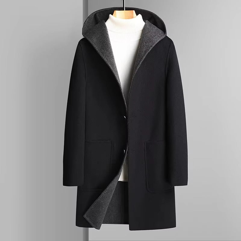 Men's reversible wool blend hooded trench coat versatile two-tone winter outerwear