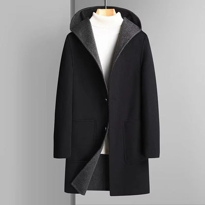 Men's reversible wool blend hooded trench coat versatile two-tone winter outerwear