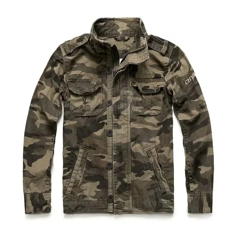Men's M65 retro denim cargo jacket rugged field coat with multiple utility pockets outdoor style