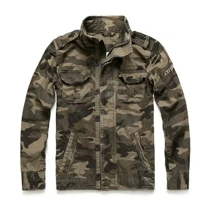 Men's M65 retro denim cargo jacket rugged field coat with multiple utility pockets outdoor style