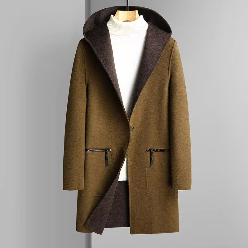 Men's reversible wool blend hooded trench coat versatile two-tone winter outerwear dual texture