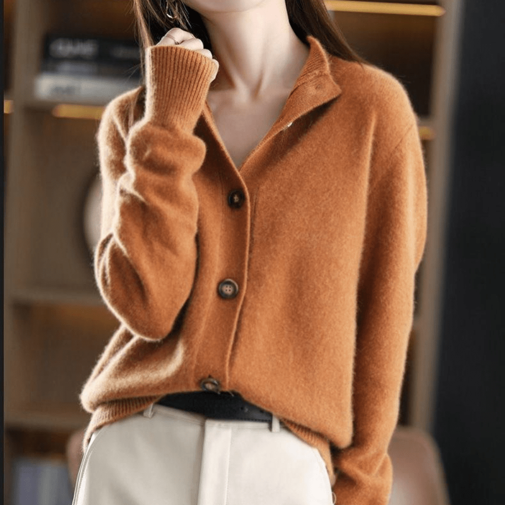 Women's plush knit button-up cardigan in cozy winter style with thick soft fabric for layering