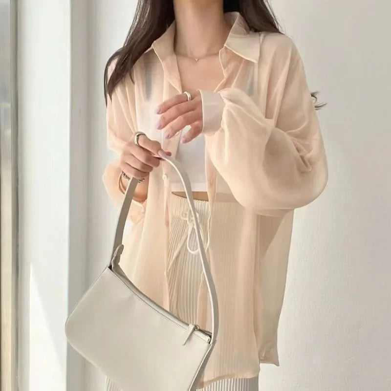 Women's sheer chiffon cardigan lightweight loose-fit long-sleeve elegant layering piece