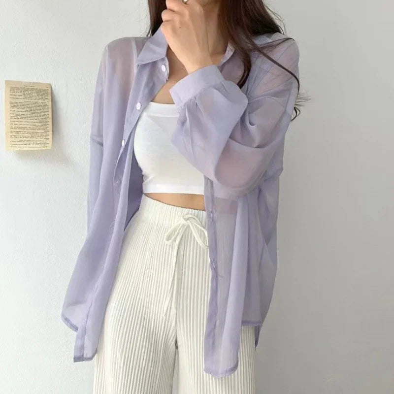 Sheer chiffon cardigan women lightweight loose fit long-sleeve button-down elegant layering essential