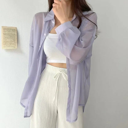 Sheer chiffon cardigan women lightweight loose fit long-sleeve button-down elegant layering essential