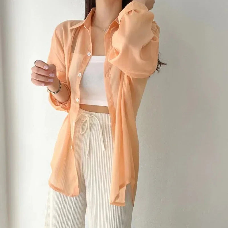 Sheer chiffon long-sleeve cardigan lightweight loose fit button-down elegant layering essential