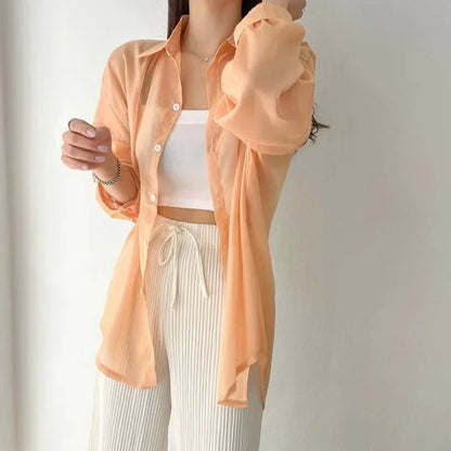 Sheer chiffon long-sleeve cardigan lightweight loose fit button-down elegant layering essential